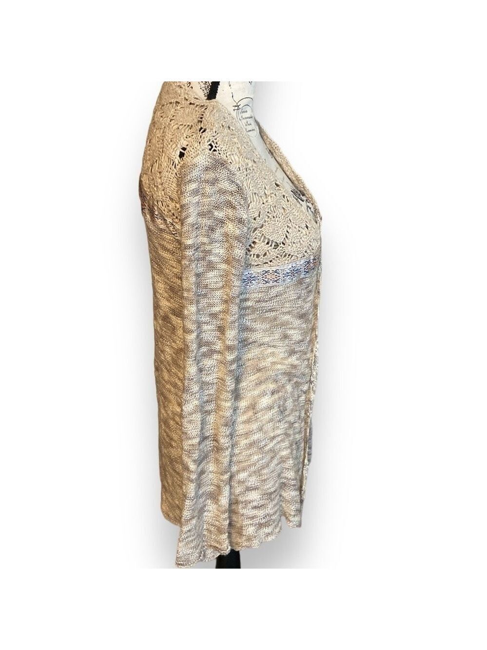 BKE Boutique Cardigan Crochet Ribbon Trim Varigated Tan & Cream Size XS - Picture 2 of 7